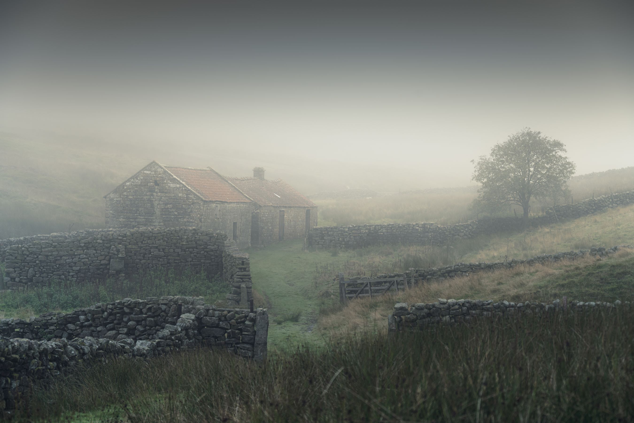 A moody, misty photo of an old stone outbuilding in the countryside