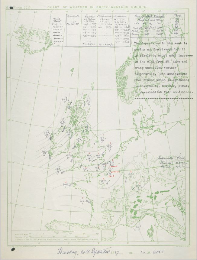 Synoptic chart for 20 September 1917 when the Battle of the Menin Road Ridge began