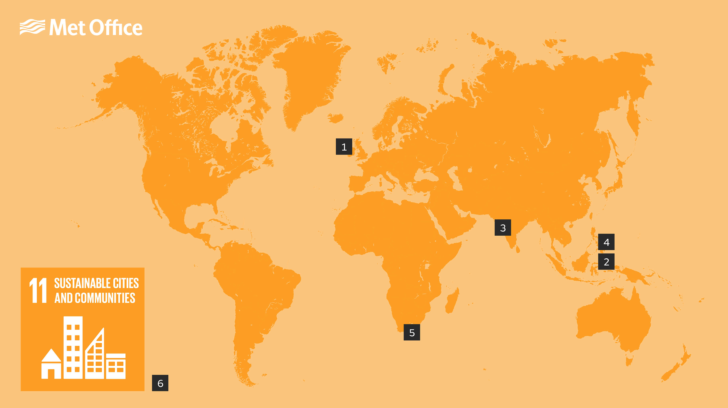 Map showing places relevant to SDG11 goal, as per the descriptions below.