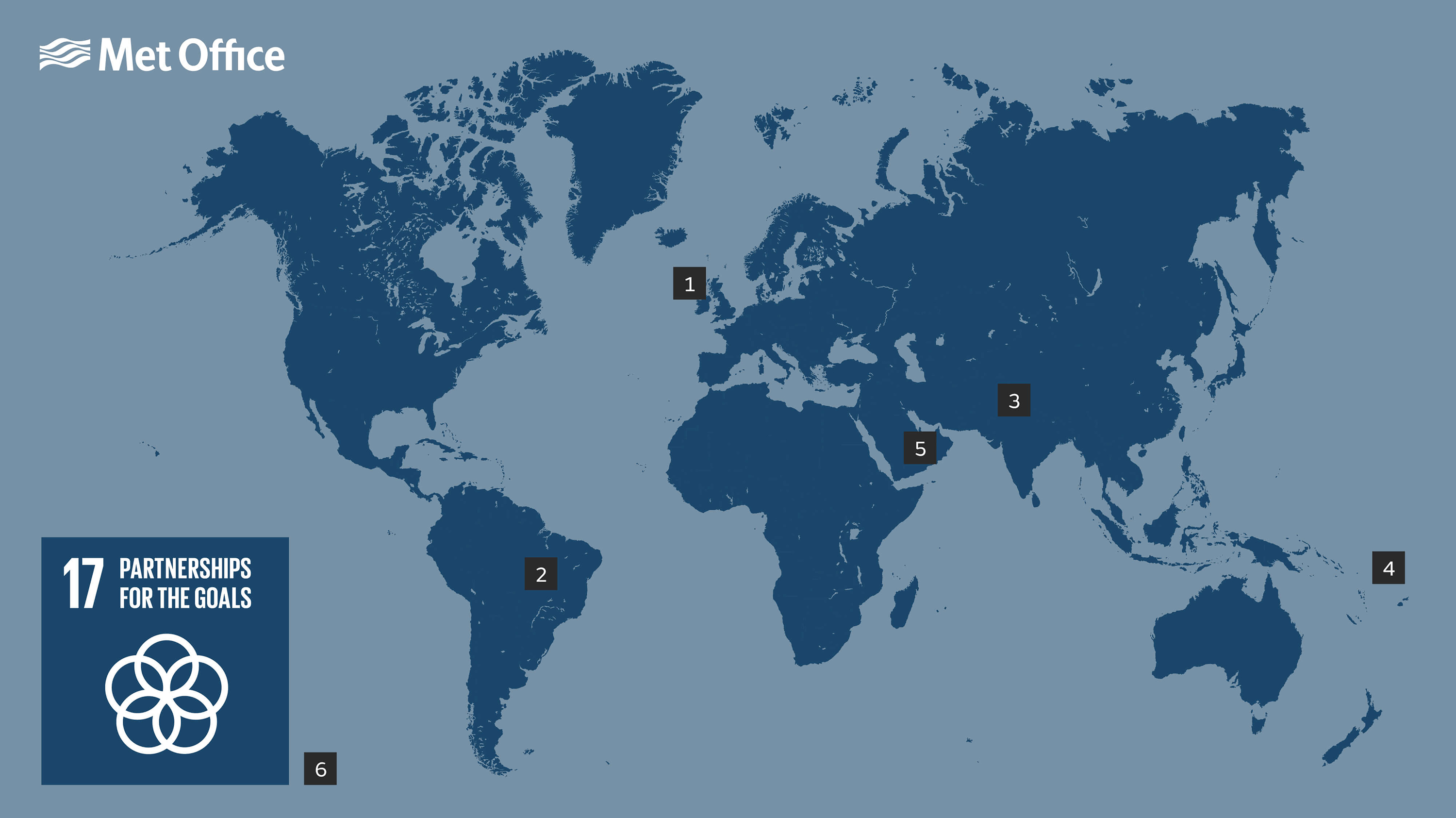 Map showing places relevant to SDG17 goal, as per the descriptions below.