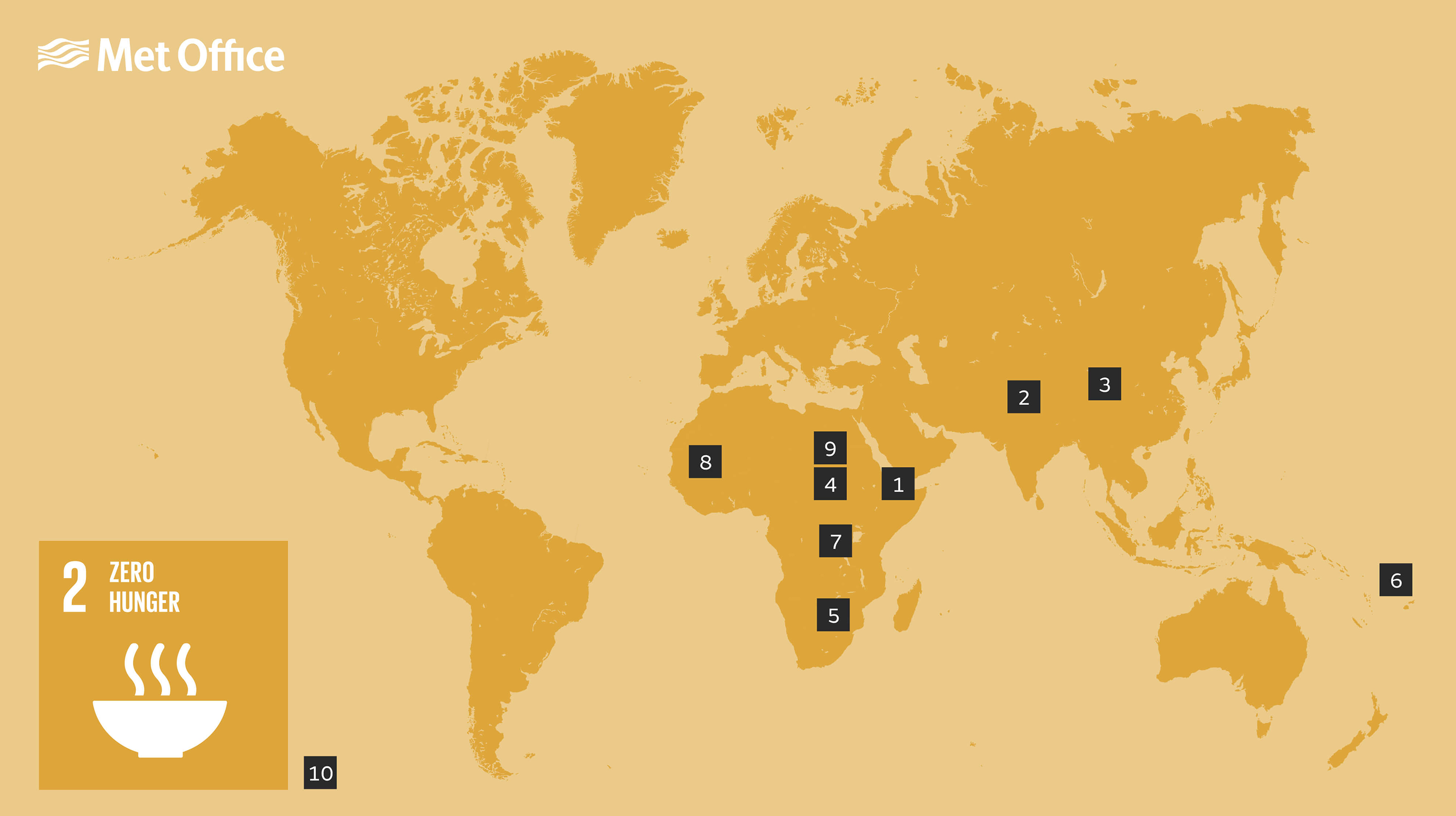 Map showing places relevant to SDG2 goal, as per the descriptions below.