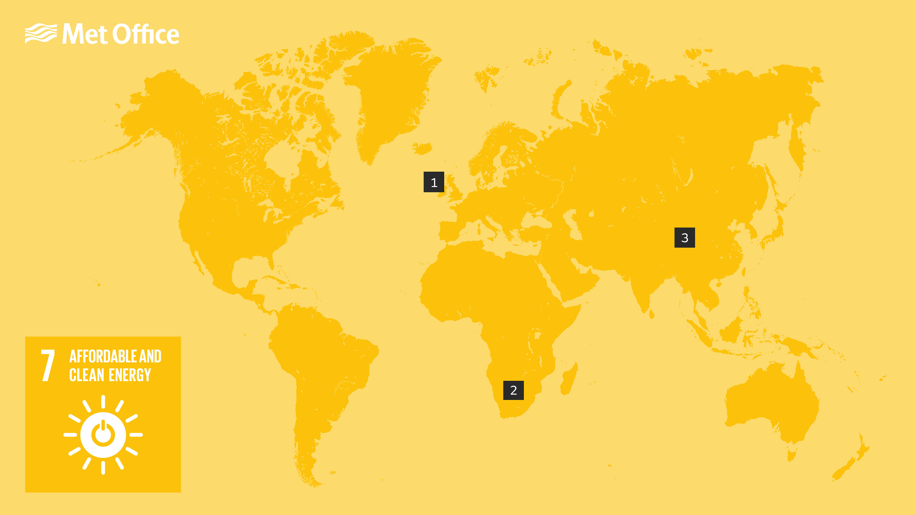 Map showing places relevant to SDG7 goal, as per the descriptions below.