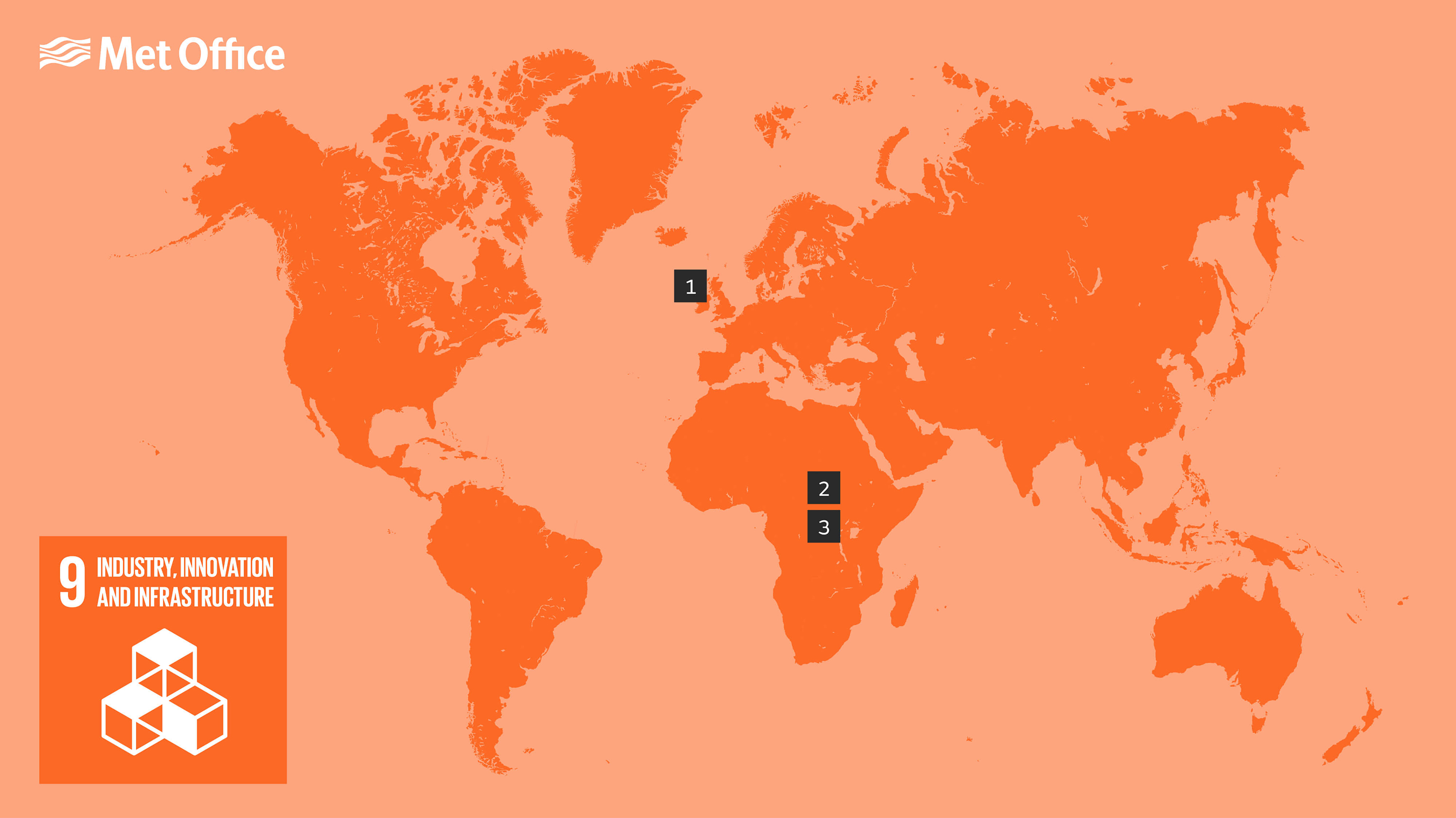 Map showing places relevant to SDG9 goal, as per the descriptions below.