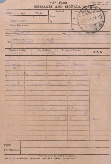 A telegram of thanks for accurate weather forecasting, from a senior allied commander to Meteor 