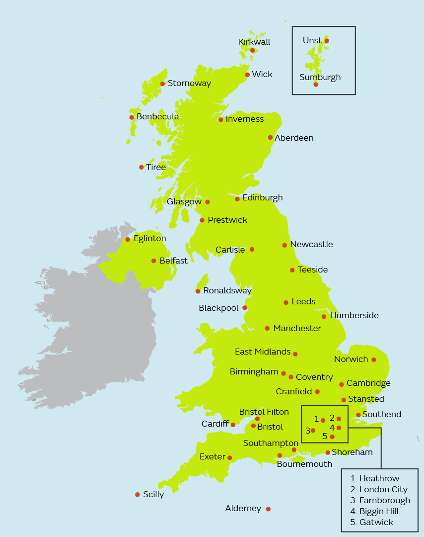 Map showing airfield locations