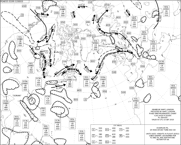 Significant weather chart showing jet streams, clear air turbulence, cumulonimbus clouds and turbulence, erupting volcanoes and tropical cyclones (including Hurricane Dorian)