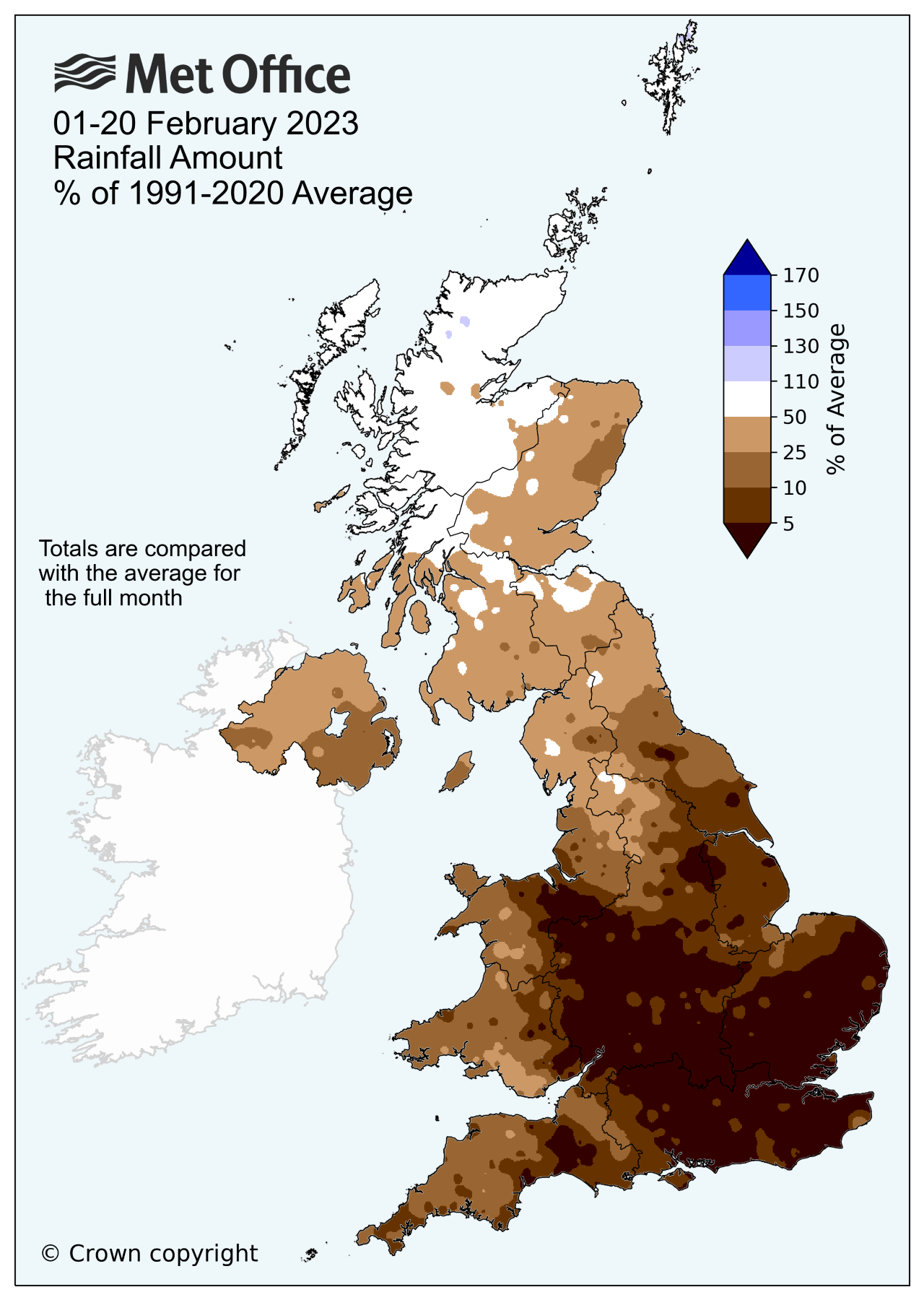 A map of the UK showing rainfall from 1 February - 20 February 2023 as a percentage of average rainfall from 1991-2020.