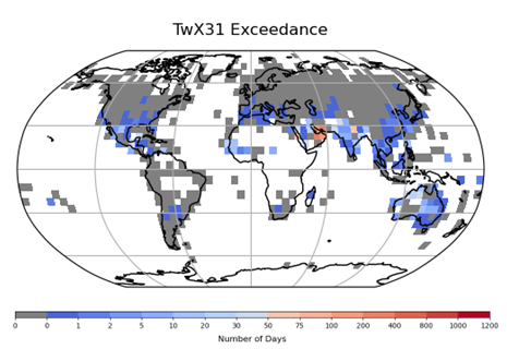 A graphic showing a counts of days where the daily maximum was equal to or higher than 31°C – January 2002 to December 2021.