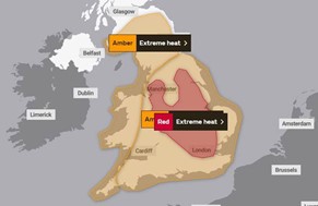 A map of the UK showing amber and red heat warnings.