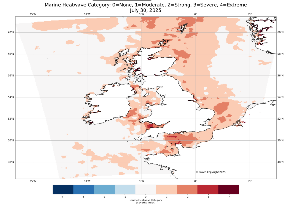 Map showing marine heatwave around UK July 30