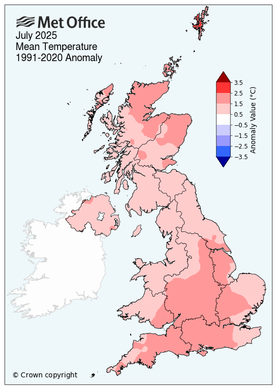 UK map showing mean temperature for July