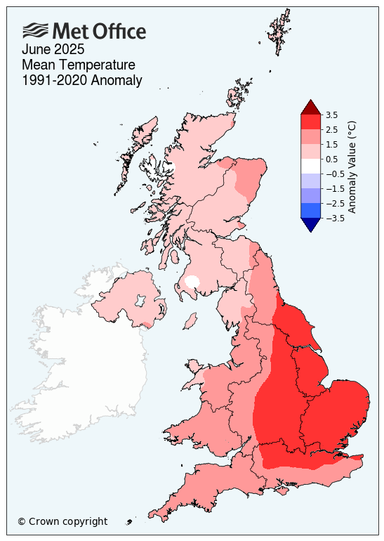 Map showing mean temperature for June 2025