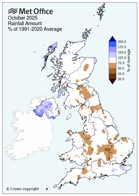 Map showing UK rainfall October 2025