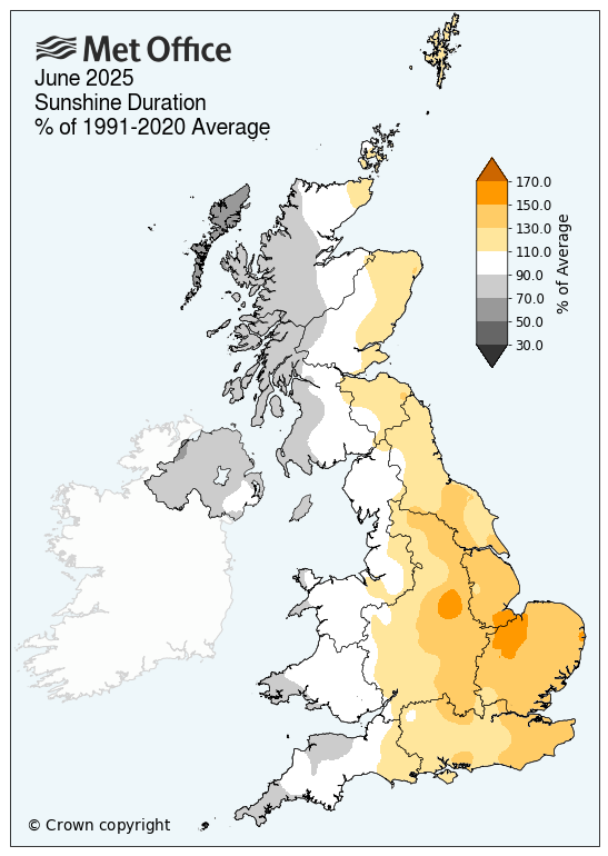 Map of UK showing sunshine for June 2025
