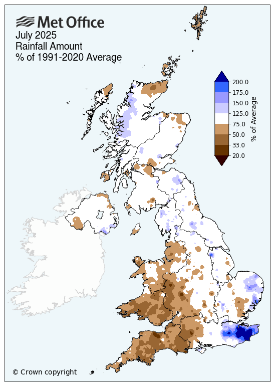 UK map showing July rainfall