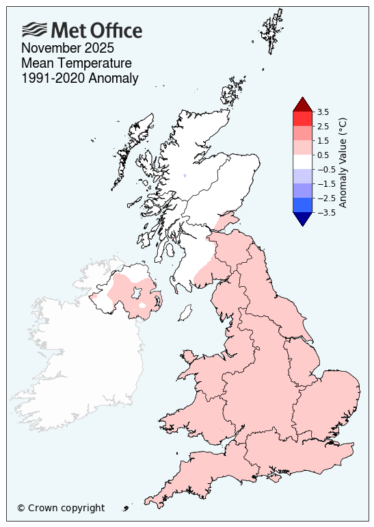 Map of UK showing above average temperatures for November