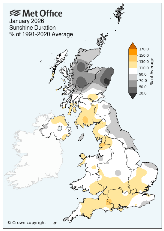 January 2026 sunshine map of UK showing around average temperatures, dull in Scotland Northern Ireland
