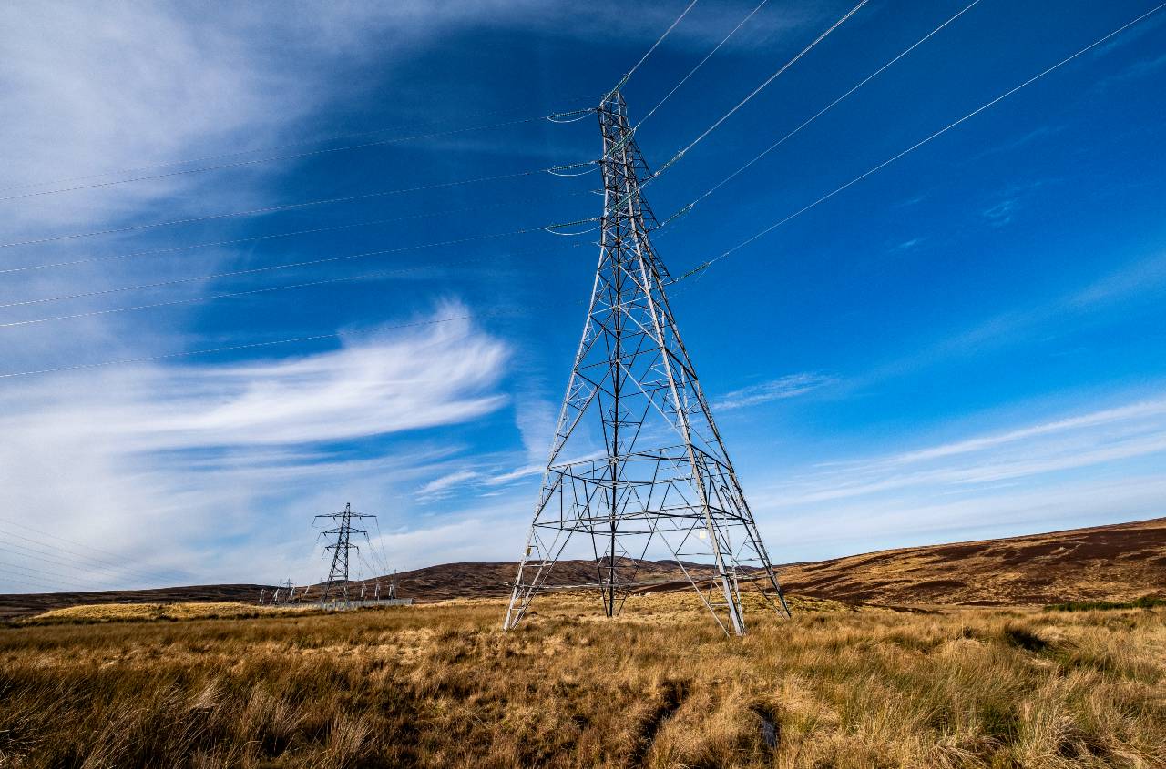 Overhead power lines in field