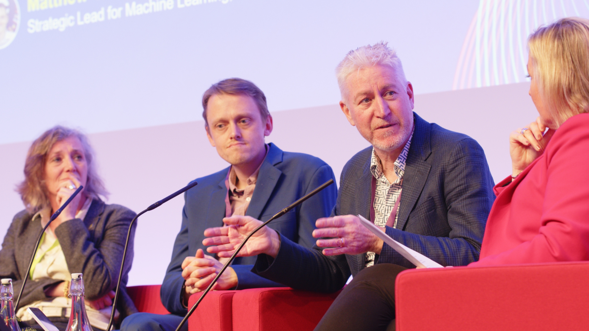 Panelists at Met Office In the Cloud L-R Kirstine Dale - Chief Artificial Intelligence Officer and Principal Fellow for Data Science at Met Office, Matthew Chantry - Strategic Lead for Machine Learning at ECMWF and Charles Kennelly, Chief Technology Officer, Esri UK