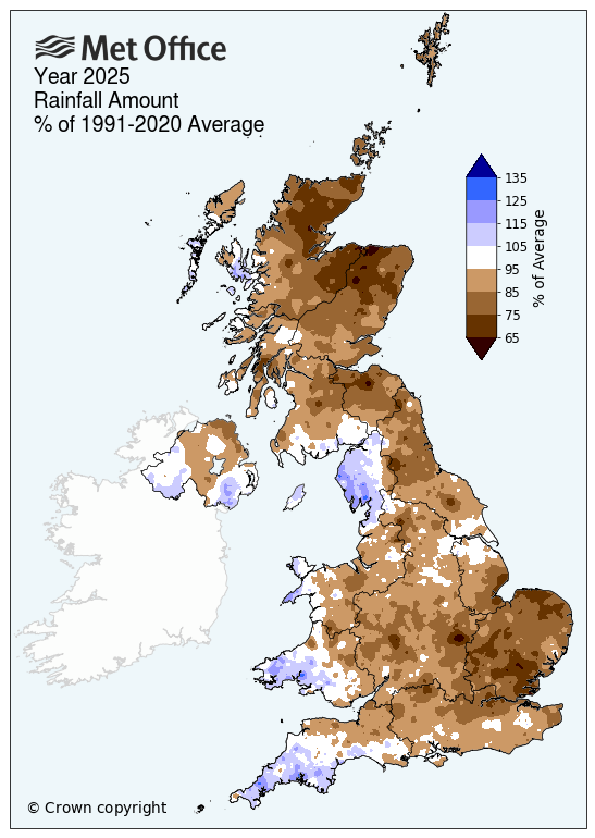 Map showing annual rainfall during 2025 for the UK