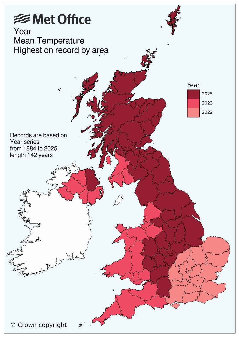 Map showing counties who have broken mean temperature records in last 3 years