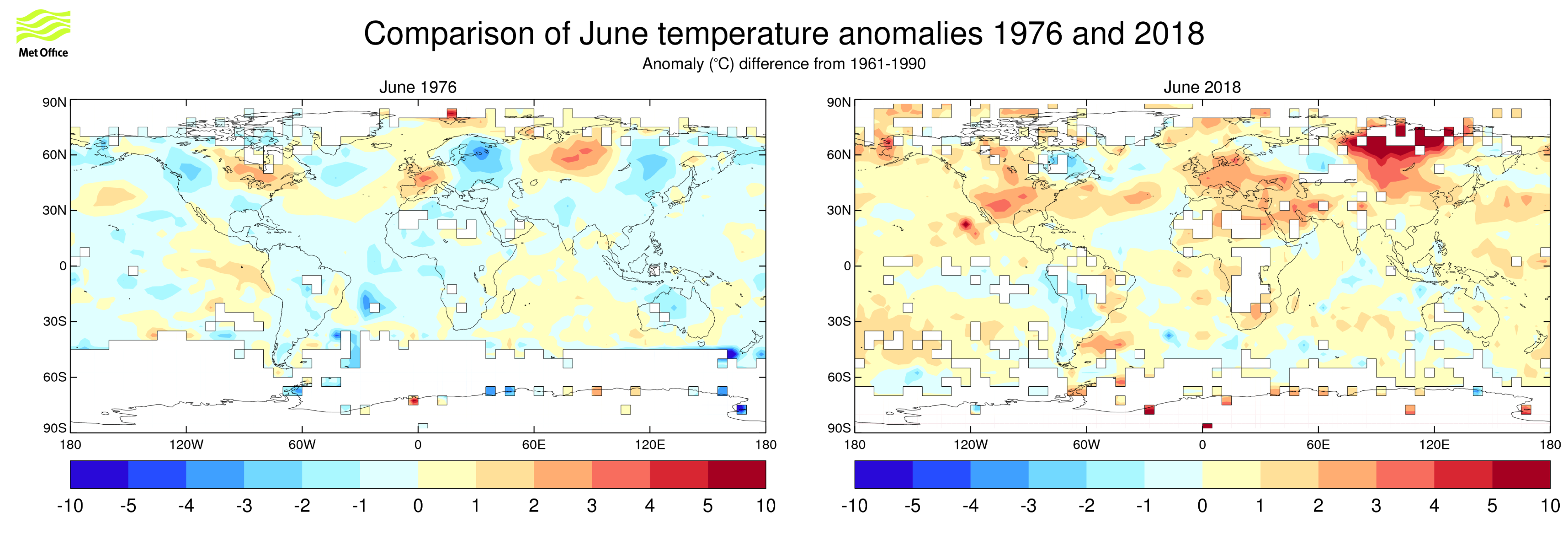 Comparison of 1976 and 2018 June temperature anomalies, The global map for 1976 shows isolated spots of red showing above average temperatures while the global map on the right shows many more areas of red across the northern hemisphere indicating much more widespread above average temperature.