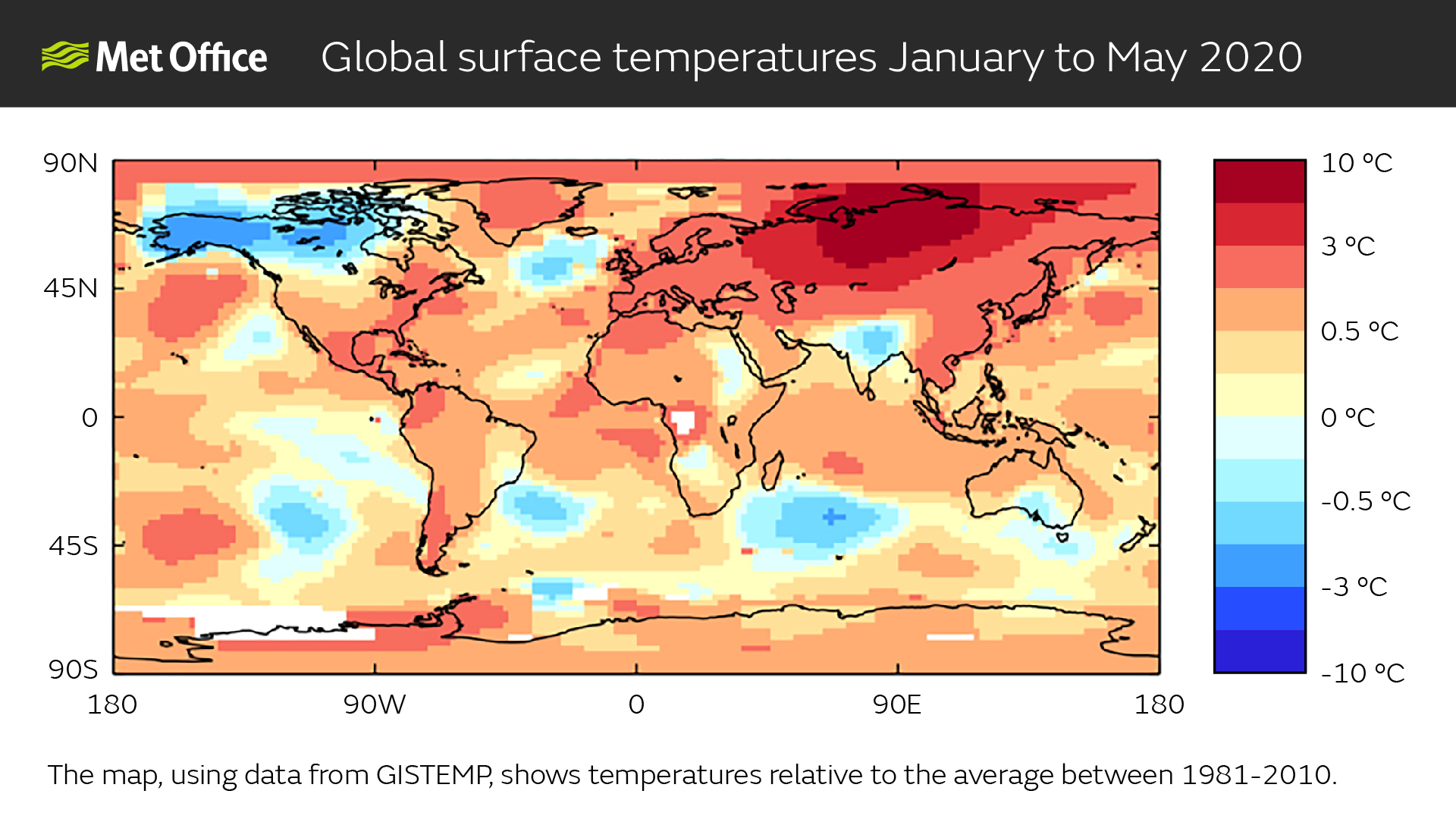 Global temperatures for 2020 from January to the end of May.