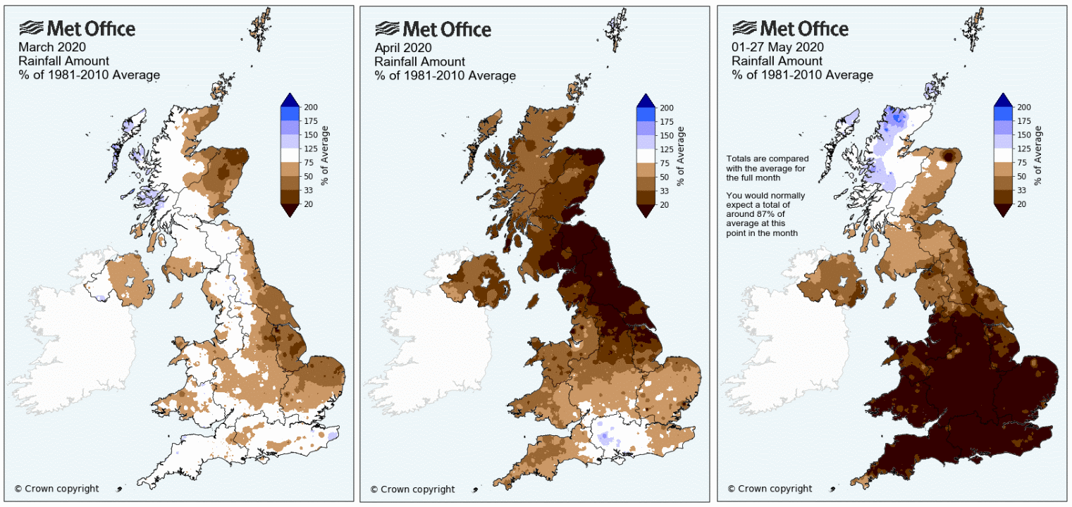 Maps of the UK showing March, April and 1-27 May 2020 rainfall.