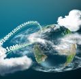 The earth globe surrounded by clouds and data streams.