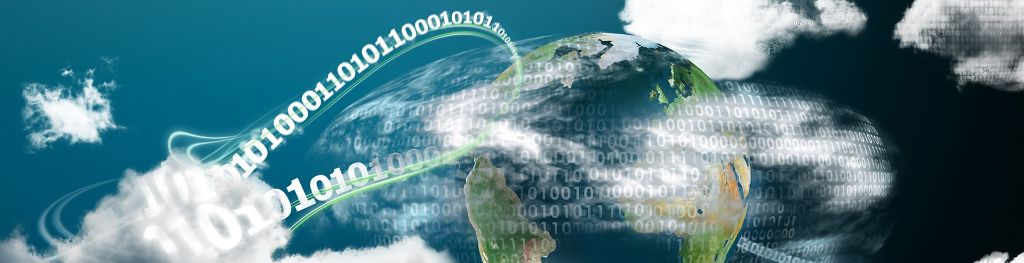 The earth globe surrounded by clouds and data streams.