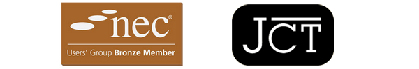 Two logos. Brown NEC users group Bronze member logo on the left and black JCT contracts logo on the right.