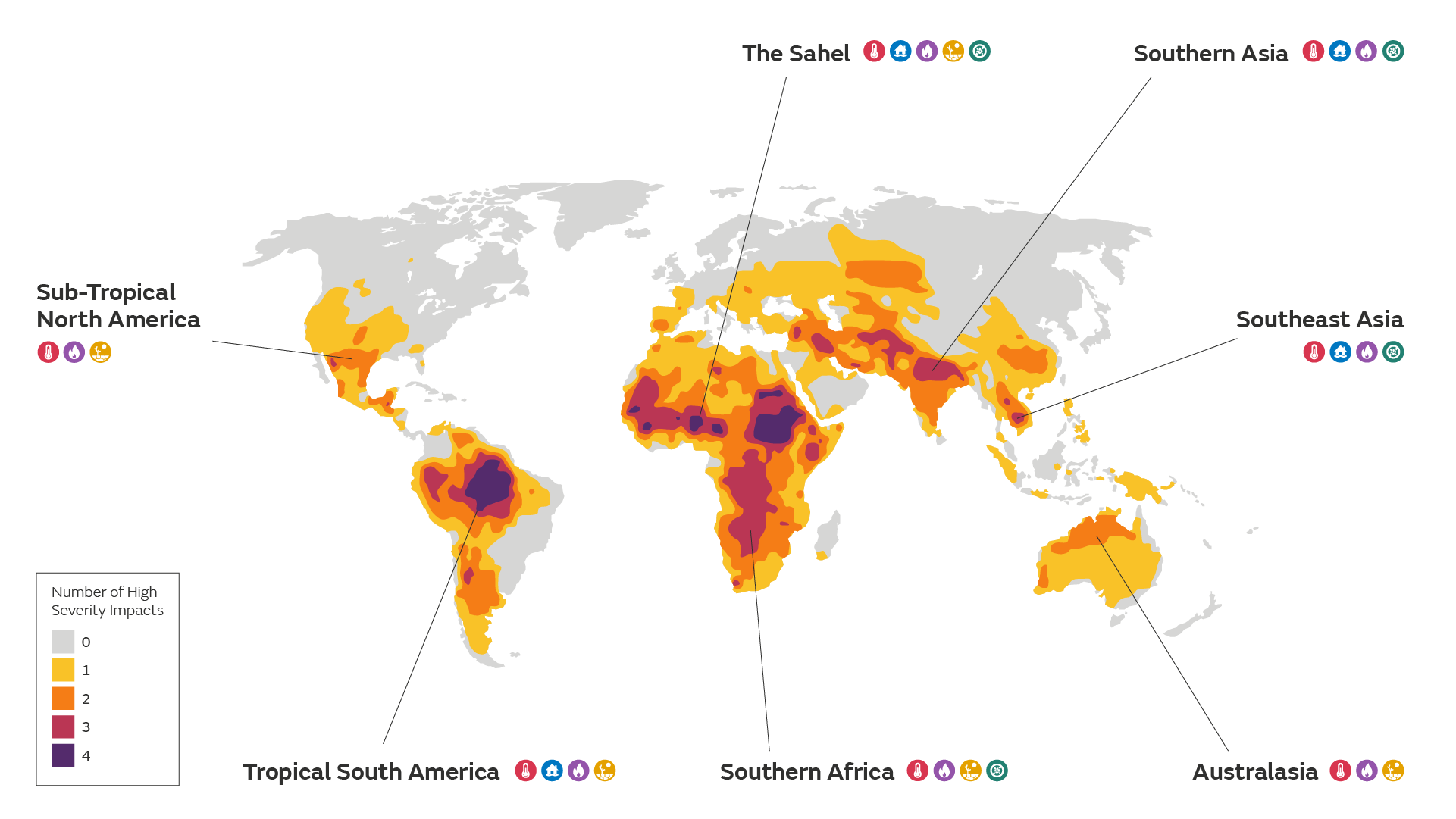 The map shows regions of the world where multiple severe impacts may occur at similar times at 4°C global warming. The regions are: Sub-Tropical North America, Tropical South America, the Sahel, Southern Africa, Southern Asia, Southeast Asia, and Australasia.