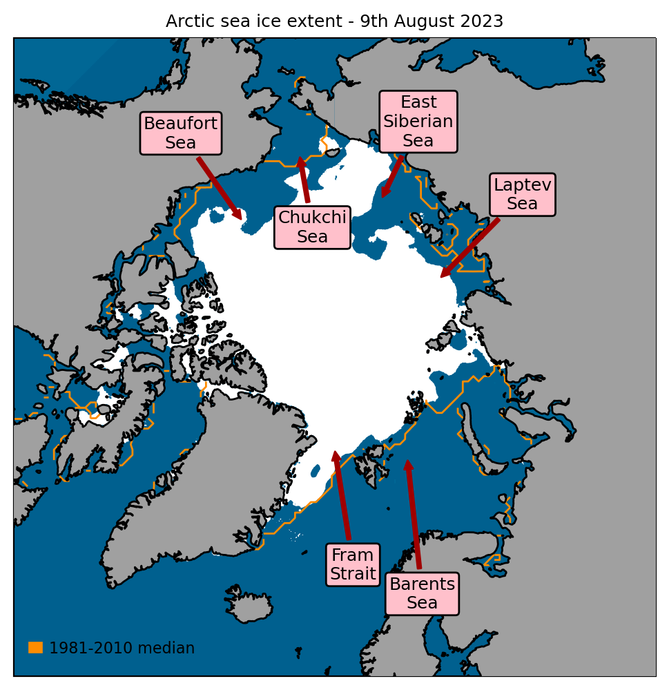 Arctic sea ice extent on 9th August 2023, with 1981-2010 average extent indicated in orange, and the regions referred to in the text labelled. Data are from EUMETSAT OSI SAF (Tonboe et al., 2017).