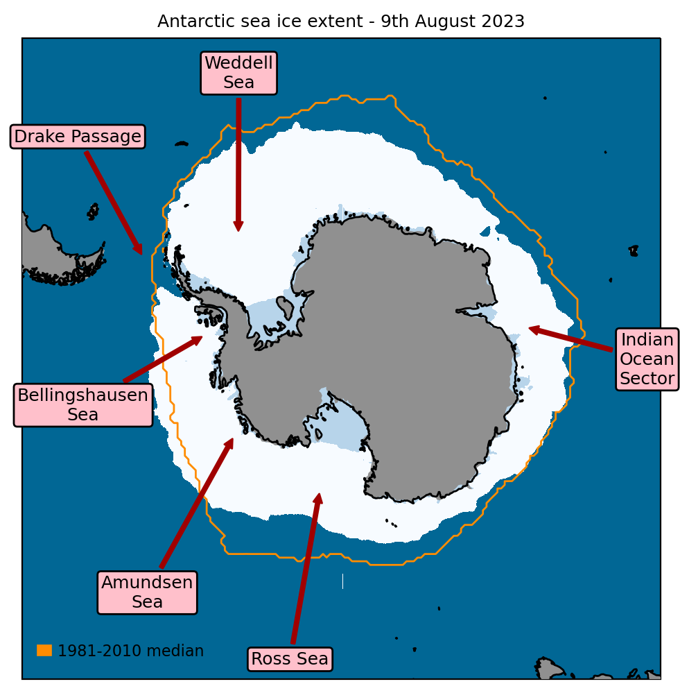 Antarctic sea ice extent on 9th August 2023, with 1981-2010 average extent indicated in orange, and the regions referred to in the text labelled. Data are from EUMETSAT OSI SAF (Tonboe et al., 2017).