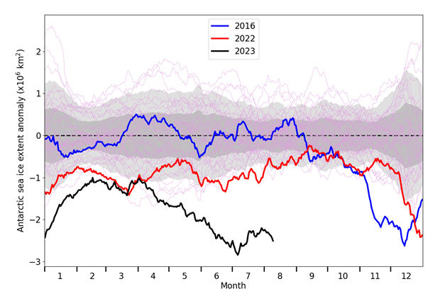 Daily Antarctic sea ice extent anomaly, relative to the 1981-2010 average, according to the NSIDC Sea Ice Index. 1981-2010 1x and 2x standard deviation is indicated by grey filled regions; all individual years from 1979 are indicated in light pink, with 2016 (blue), 2022 (red) and 2023 (black) highlighted.