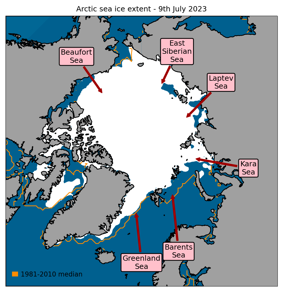 Arctic sea ice extent on 9th July 2023, with 1981-2010 average extent indicated in orange, and the regions referred to in the text labelled.