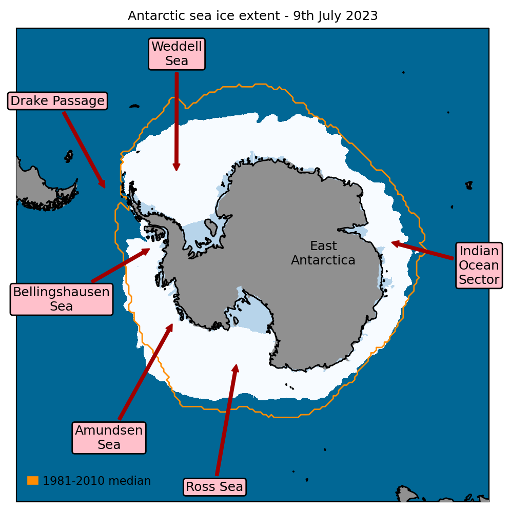 Antarctic sea ice extent on 9th July 2023, with 1981-2010 average extent indicated in orange, and the regions referred to in the text labelled.