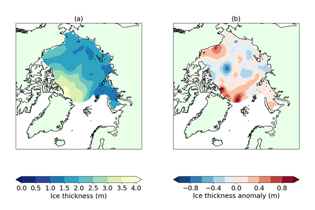 Arctic sea ice thickness from CryoSat-2 radar altimetry: (a) sea ice thickness for February 2023; (b) sea ice thickness anomaly relative to the 2011-2022 average.