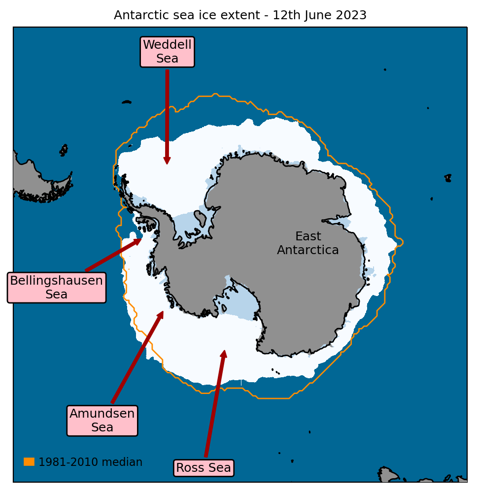 Antarctic sea ice extent on 12th June 2023, with 1981-2010 average extent indicated in orange, and with regions referred to in the text labelled.