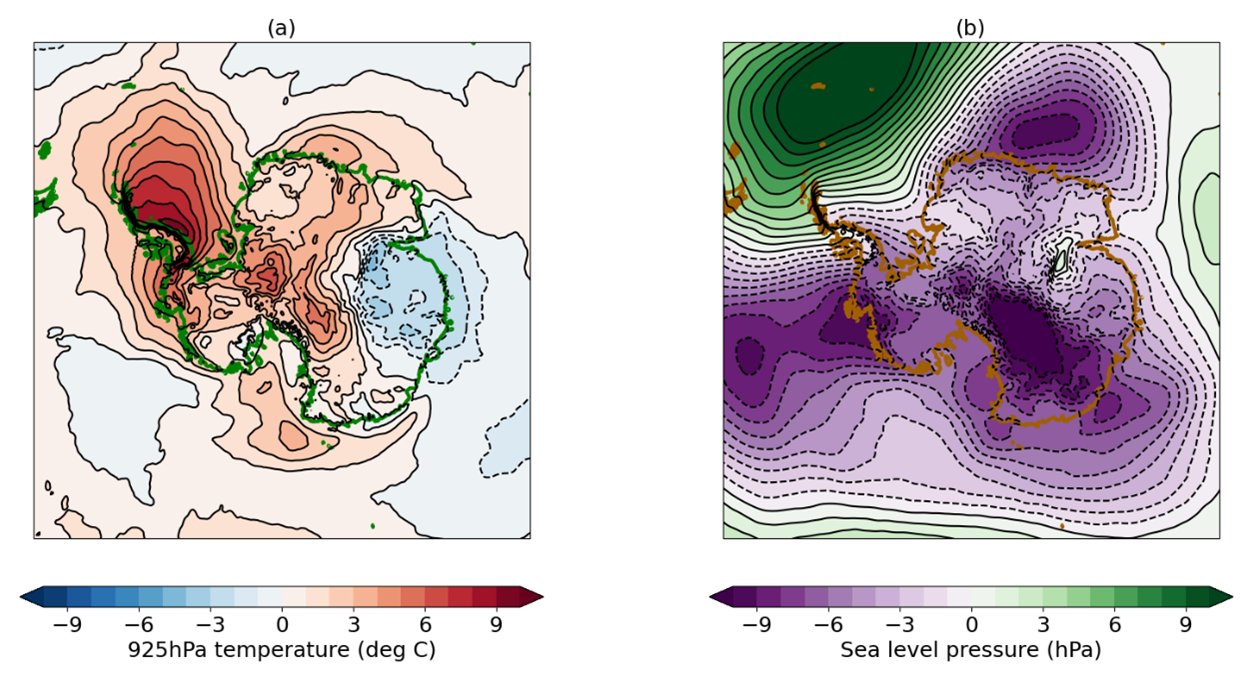 Anomalies in (a) 925hPa temperature; (b) mean sea level pressure for 1st April – 13th May, relative to the 1981-2010 average. Data are from the ERA5 reanalysis.