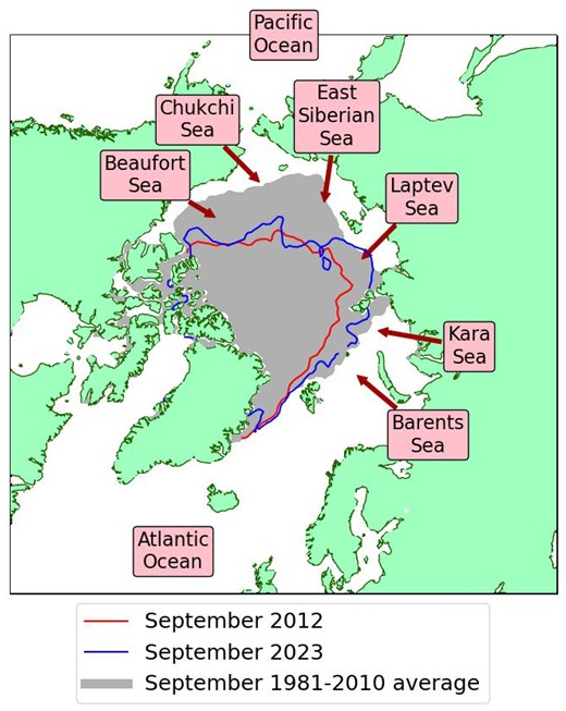 Arctic sea ice extent in September 2023, compared to the record low year of 2012 and the 1981-2010 average, with regions named in the text labelled. Data are from EUMETSAT OSI SAF (Tonboe et al., 2017).