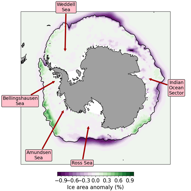 Antarctic sea ice at maximum extent on 11th September. The black line indicates the sea ice edge at maximum extent; the shading indicates the anomaly in ice concentration relative to the 1981-2010 average. Data is from EUMETSAT OSI SAF (Tonboe et al., 2017). Regions referred to in the text are labelled.