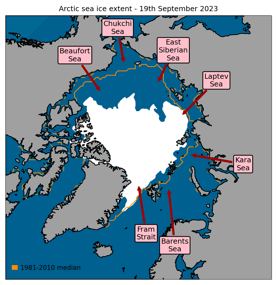 Minimum sea ice extent (19th September 2023), with 1981-2010 average extent for this date indicated in orange. Data are from EUMETSAT OSI-SAF (Tonboe et al., 2017).