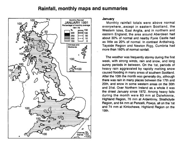 An example of a map of Met Office british rainfall from January 1991, showing monthly average rainfall.