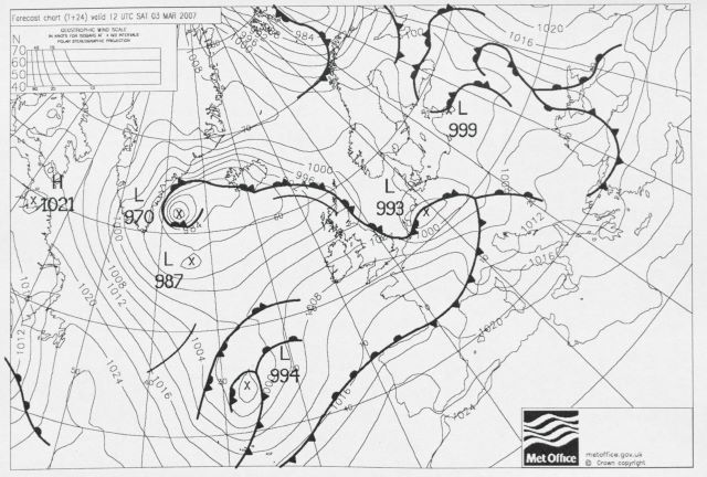 Example FSXX chart showing the position of weather systems over a section of the globe, focussed on the UK at the centre, and valid until 3rd March 2007.