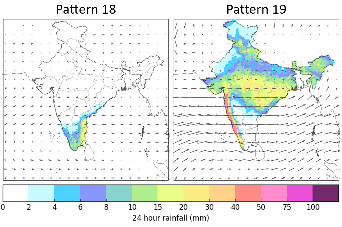 A graphic showing two maps with different weather patterns and intensities of rainfall
