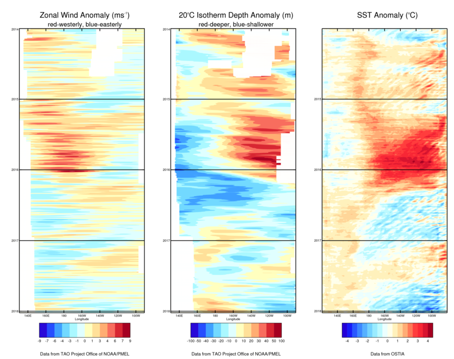 Three charts showing differences from the long-term average of zonal wind, depth at which water temperature falls to 20°C and sea-surface temperature across the Pacific. A full description is given in the next paragraph.