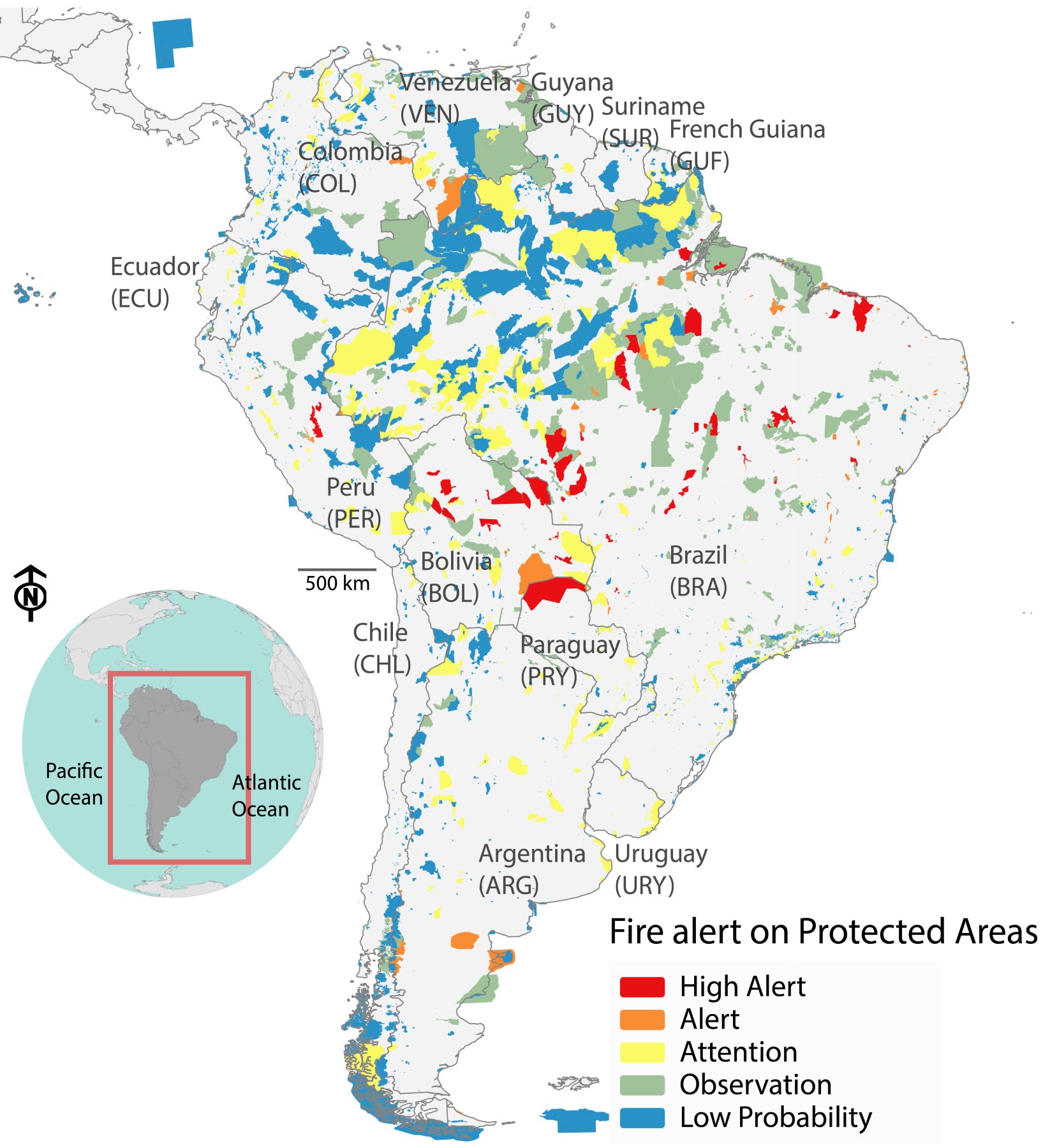 A map of South America showing the seasonal fire risk forecast for 2020