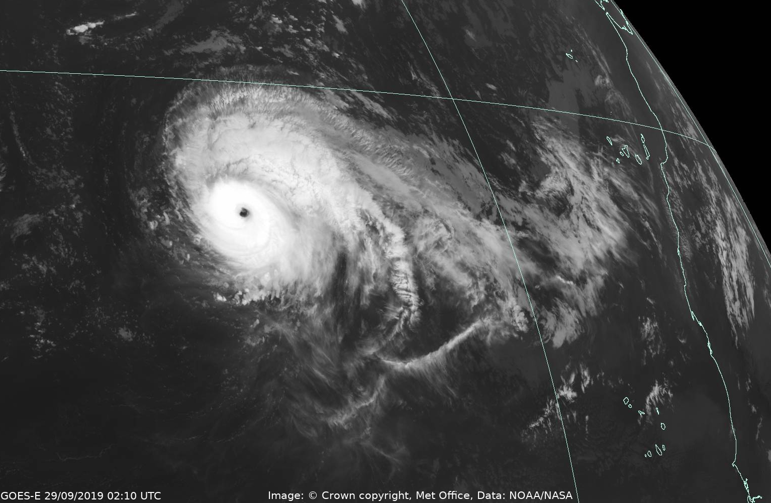 Geostationary infra-red satellite image of Hurricane Lorenzo in the North Atlantic