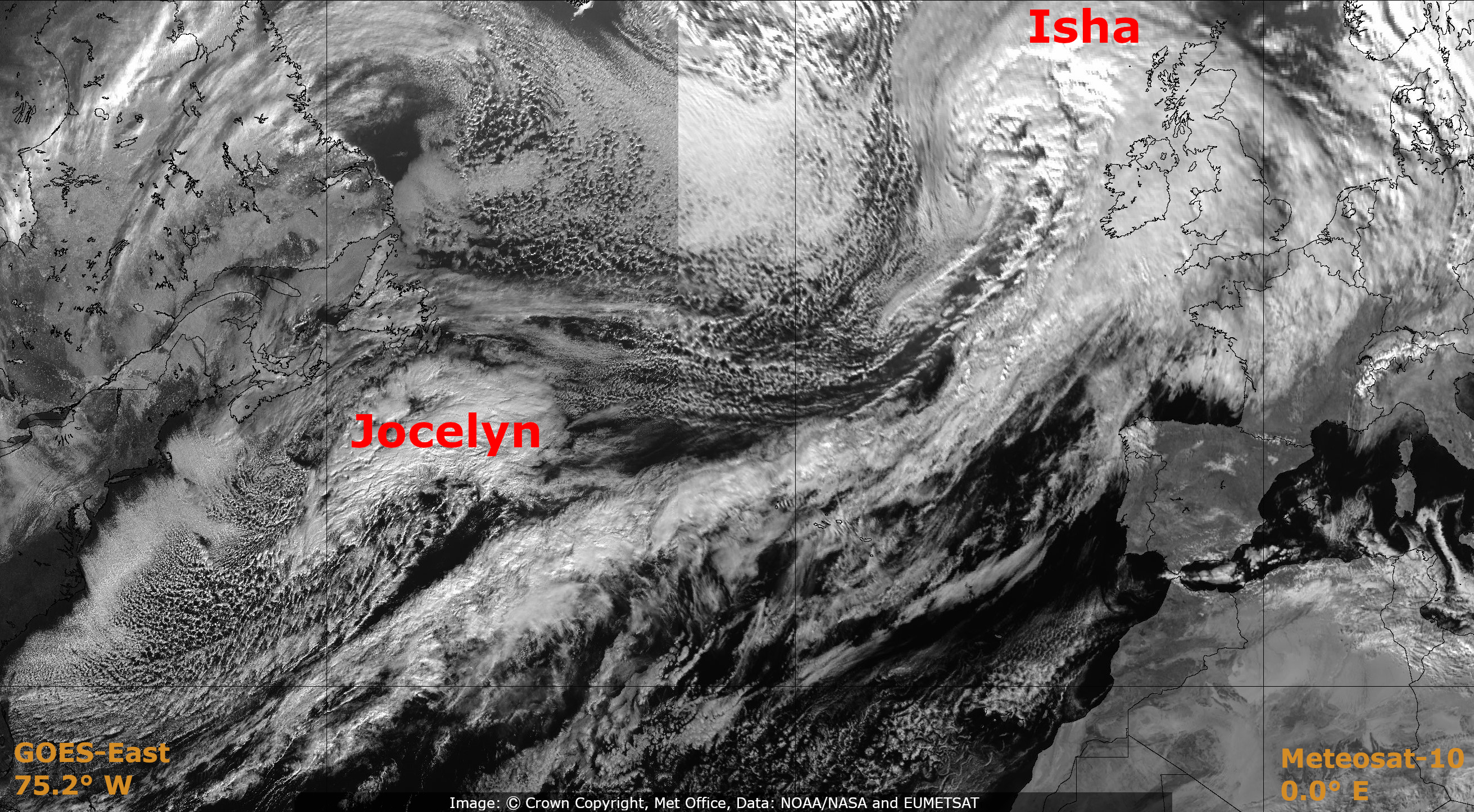 Satellite image of two UK storms in January